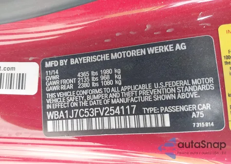 2015 BMW M235 from USA, damaged, VIN WBA1J7C53FV254117